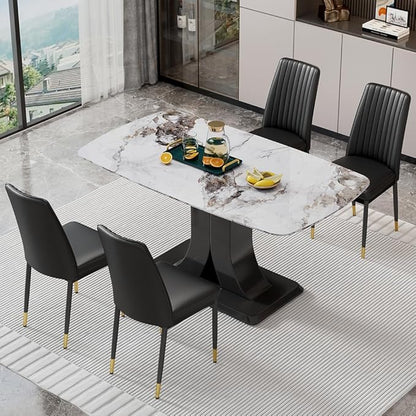 Modern Dining Table Set for 4, Marble Kitchen Table Chair Set for 4, Rectangular Kitchen Table with 4 Pu Leather Upholstered Chair for Dining Room (White+Black, 1 Table with 4 Chairs)