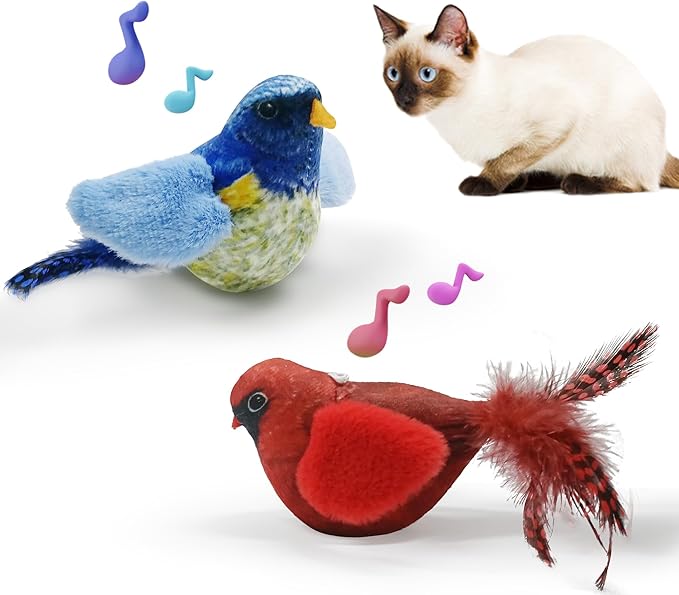 LEWISER Cat Toys Chirping Tit 2 Pcs with Catnip SilverVine, Suitable for Cat Wand Toys, Simulation Bird Design, Interactive Toys for Indoor Kitty Kitten Exercise, Red and Blue