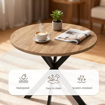 31.5" Round Dining Table and Chairs Set for 2, Small Dining Table Chairs Set Space-Saving, Round Table Set with Upholstered Chairs for Kitchen Dining Room Apartment(Natural + Beige)