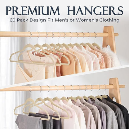 HOUSE DAY Beige Velvet Hangers 20 Pack, Non Slip Clothes Felt Hanger Heavy Duty for Coat, Premium Slim Space Saving Suit Hangers for Closet Organizer, 360° Rotating Silver Hook