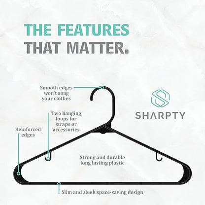 Sharpty Plastic Hangers Clothes Hangers for Clothing, Closet, Coats & Shirts - Durable, Thick, Tough & Space Saving - for Everyday Standard Use, Room Essentials & Basics - 40 Pack - Black