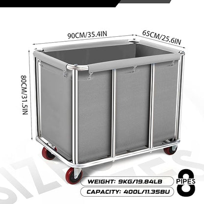 Commercial Laundry Cart on Wheels, 11.35 Bushels Large Roller with Removable Waterproof Canvas Lined Basket, Heavy Duty Stainless Steel for Hotels and Hospitals