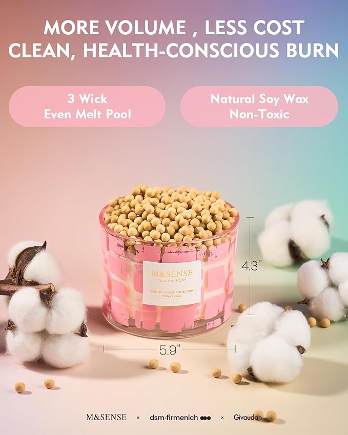 M&SENSE Garden Rose Scented,11.6oz Natural Soy Wax Non Toxic for Home, 3 Wick Jar Candle, Up to 60 Hours Burn time, Home Decor Housewarming Gift for Women and Men