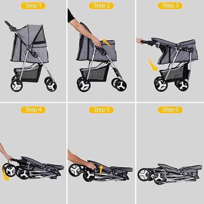 LEMY Pet Stroller, 4 Wheels Dog Cat Stroller with Storage Basket&Cup Holder,Grey Folding Dog Cat Cage Jogger Strollers for Small Medium Dogs Cats Travel