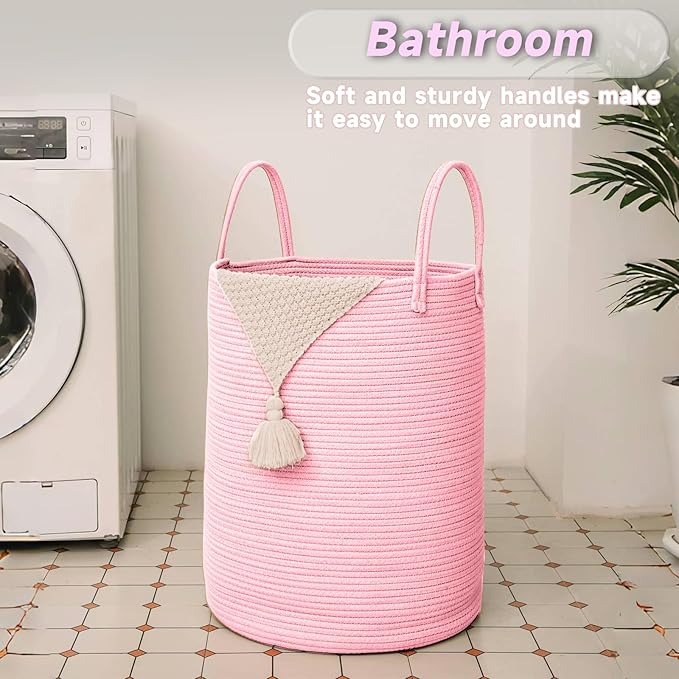Large Woven Laundry Basket Hamper,80L Cotton Rope Storage Bin for Blankets,Toys and Clothes,Decorative Tall Nursery Hamper for Living Room,Baby Nursery,Bathroom and Bedroom,Pink