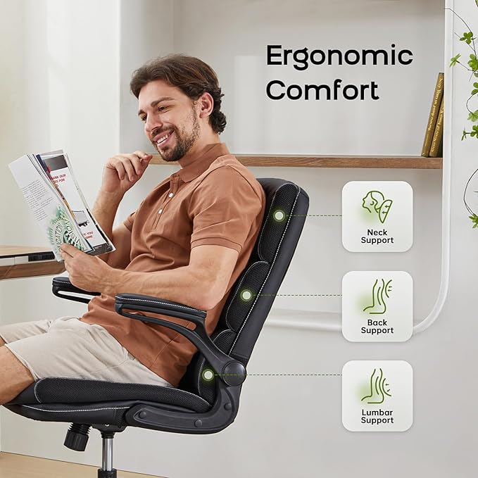 Office Chair Adjustable Desk Chair Mid Back Executive Comfortable Bonded Leather Ergonomic Back Support Home Computer Chair with Padded Flip-up Armrest Swivel Wheels (White)