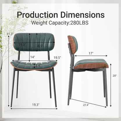 Mid Century Modern Dining Chairs Set of 4,Upholstered Faux Leather Kitchen Chairs with Walnut Bentwood Back and Metal Legs for Kitchen Dining Room Living Room, Green