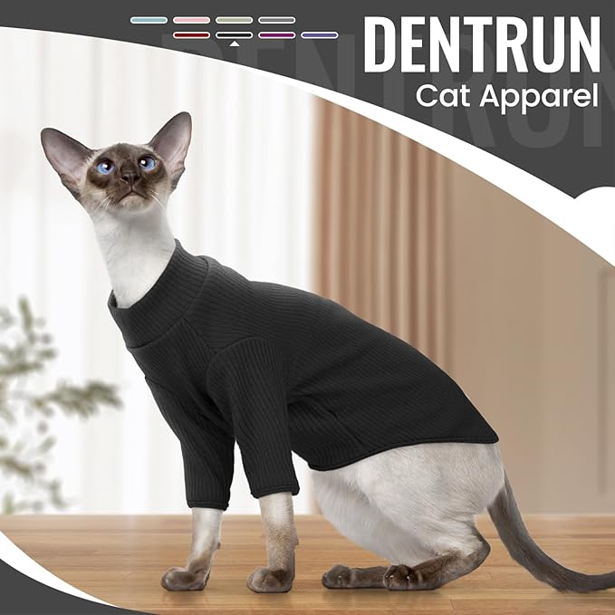 DENTRUN Sphynx Hairless Cats Shirt Pullover Kitten T-Shirts, Breathable Cat Wear Turtleneck Sweater Adorable Cat's Clothes Vest Pajamas Jumpsuit