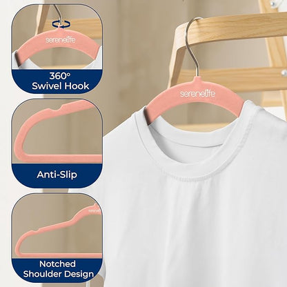 SereneLife 20 Pack Velvet Hangers - Non-Slip Felt Hangers with 360° Swivel Hook - Ultra-Thin, Lightweight, Space Saving for Shirts, Sweaters, Hoodies, Kids Clothes & Dresses