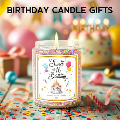 Sweet 16 Birthday Candles for Women - 9 oz Happy Birthday Candle with Vanilla Birthday Cake Scent, Gifts for Women & Men, Friendship Ideas