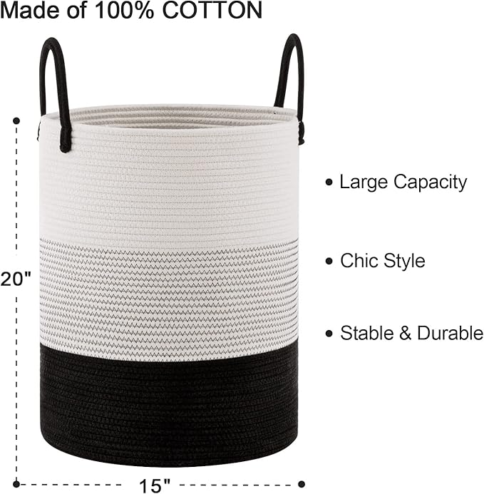 Woven Rope Laundry Hamper Basket by YOUDENOVA, Tall Luandry Basket, Baby Nursery Hamper for Blanket Storage, Clothes Hamper for Laundry in Bedroom-Large-(Dark White, 58L)