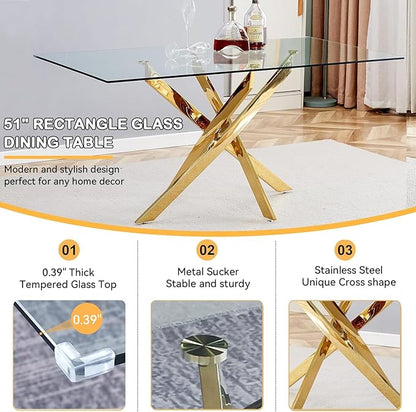 Goujxcy 51" Glass Dining Table Set for 6, Modern Kitchen Table and Chairs Set w/Steel Legs, 7-Piece Dining Table Set w/Glass Gold Dining Table and 6 Beige Velvet Chairs for Kitchen Dining Room