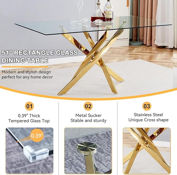 Goujxcy 51" Glass Dining Table Set for 6, Modern Kitchen Table and Chairs Set w/Steel Legs, 7-Piece Dining Table Set w/Glass Gold Dining Table and 6 Grey Velvet Chairs for Kitchen Dining Room
