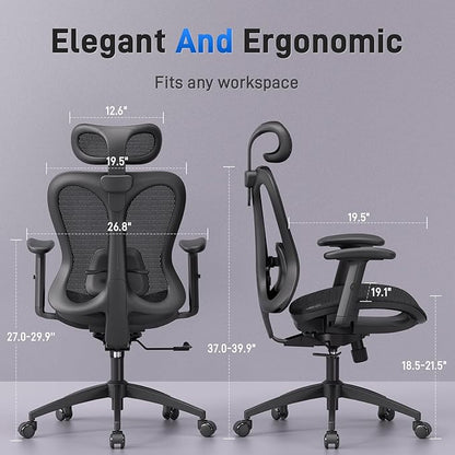 Ergonomic Office Desk Chair, Comfortable Computer Gaming Chair, Breathable Mesh Back & Seat, Adjustable Armrest & Headrest, Lumbar Support, Butterfly Design for Home Office (Black)