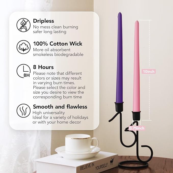 10-Inch Tall Dripless Advent Candles Set of 12, Tapered Candles, Perfect for Christmas - Smokeless, Unscented, Long Burning - Hand Poured, Colored Tall Candlesticks - Pink and Purple