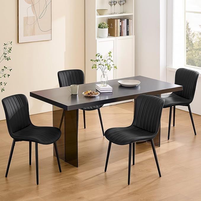 Modern Dining Chairs Set of 4, Heavy Duty Upholstered Side Chairs with Faux Leather, Comfortable Cushions & Durable Metal Legs with Adjustable Feet, Perfect for Kitchen, Dining Room (Black)