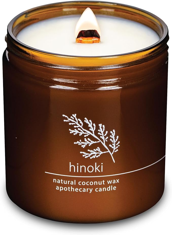 Hemlock Park Crackling Wood Wick Candle Handcrafted with Natural Coconut Wax (Large 16 oz, Hinoki)