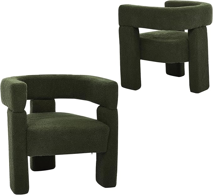 Sherpa Barrel Dining Chairs Set of 2, Upholstered Boucle Accent Kitchen Chairs with Arms, Comfy Faux Fur Side Chair Modern Armchair for Dining Room, Bedroom, Home Office, Green