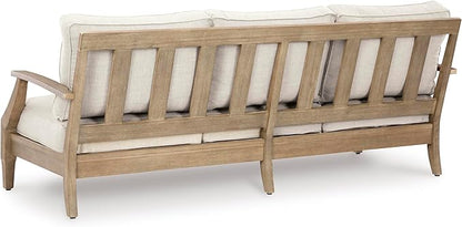 Signature Design by Ashley Carter Hall Outdoor Eucalyptus Wood Patio Sofa – Cushioned with UV-Resistant Nuvella Fabric, 5-Step Protective Finish, Beige
