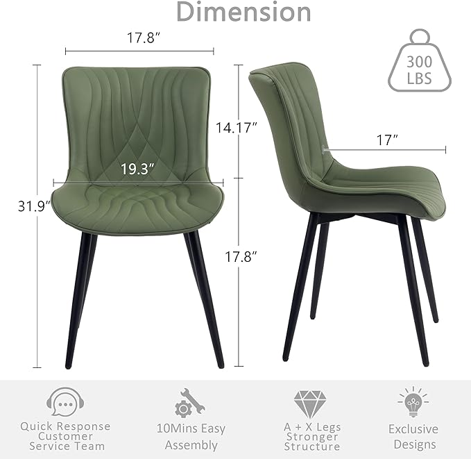 Kidol & Shellder Bean-Green Dining Chairs Set of 2,Upholstered Mid Century Modern Kitchen&Dining Room Chair with Back,Ergonomic Armless Vanity&Living Room Chair with Metal Legs