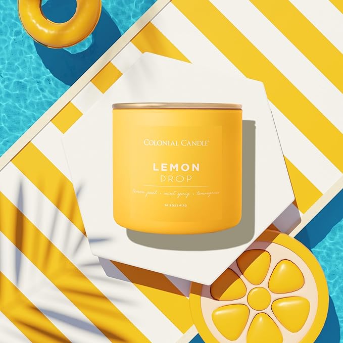 Colonial Candle Lemon Drop Scented Jar Candle, Pop of Color Collection, 3 Wick, 14.5 oz - Up to 60 Hours Burn