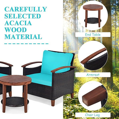 Tangkula 3 Pieces Patio Furniture Set, Outdoor Rattan Sofa and Side Table w/Solid Acacia Wood Frame, High Load Bearing Conversation Bistro Set w/Washable and Removable Cushions (Turquoise)