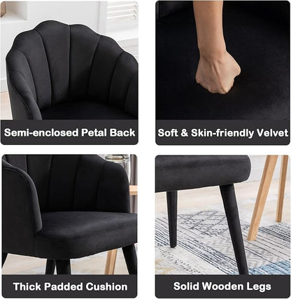 Velvet Dining Chairs Set of 2 Modern Living Room Chairs with Petal Back & Wood Legs Comfy Upholstered Side Chair for Dining Room/Bedroom/Vanity, Black