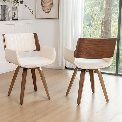 LUNLING Swivel Accent Faux Leather Dining Chairs, Mid Century Modern Chairs with Wooden Legs/Armrest/Upholstered Seat/Adjustable Foots for Kitchen Dining Room Desk Chairs,Beige,1PCS
