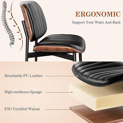 Dining Chairs Set of 2, Mid-Century Modern Upholstered PU Leather Chairs with Walnut Bentwood Back and Metal Legs Adjustable Feet for Kitchen, Black Shell Strips