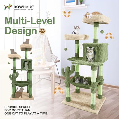 CAPHAUS Cactus Cat Tree for Indoor Cats, Cute 58-Inch Cat Climbing Play Tower with Top Perch for Large Cats Kittens, Multi-Level Cat Activity Tree with Scratching Posts, Hammock, Cat Cave Condo