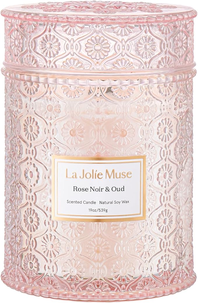 LA JOLIE MUSE Rose Noir & Oud Scented Candle – Lemon, Rose & Oud |19 oz Large Wooden Wick Candle | Natural Soy Wax | 90 Hours Clean Burn | Gift-Ready for Hosts & Gatherings | Elegant Home Décor