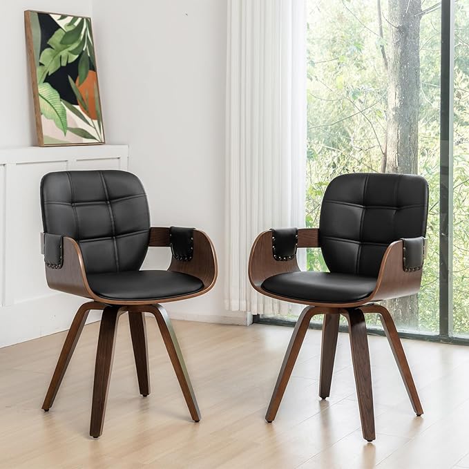 Set of 2 Mid Century Modern Chairs - Swivel Dining Chairs with Arms and Curved Back, Faux Leather Reception Room Chairs, Ideal for Kitchen/Living Room/Reception/Desk (Walnut Black)