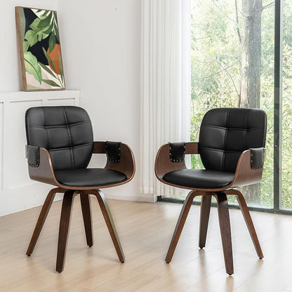 Set of 4 Swivel Walnut Dining Chairs - Mid Century Dining Chairs with Arm and Curved Back, Walnut Craftsmanship, Bentwood Structure, Perfect for Living Room/Reception/Restaurant/Kitchen (Coffee Brown)