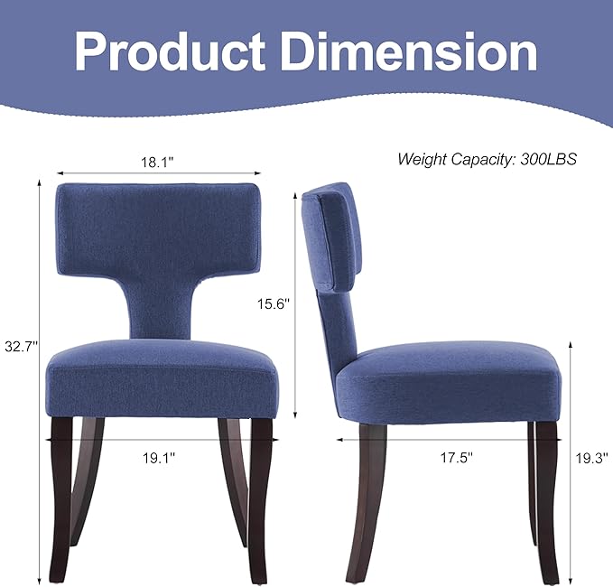 Mid Century Modern Dining Chairs Set of 2, Upholstered Side Dining Chairs with Curved Back Linen Fabric Armless Wood Chairs Kitchen & Dining Room Farmhouse Chairs (Blue)