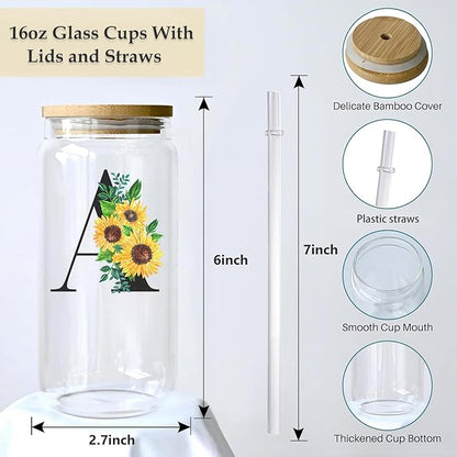 Initial Glass Cups Sunflower with Bamboo Lids and Straws,16oz Iced Coffee Mug Tumbler,Monogrammed Birthday Gifts Mother's Day Sunflower Gifts for Women,Mom,Friend,Sister