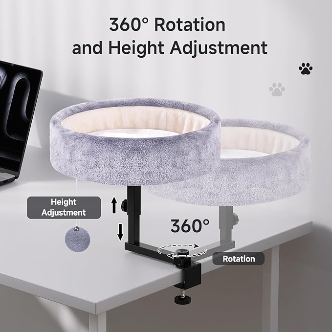 Cat Desk Bed - 360° Rotating & Adjustable, Supports 44 lbs, Soft Faux Fur with Dual-Sided Reversible Mat, Modern Indoor Cat Nest Furniture for Office Desks and Game Tables, Island Table