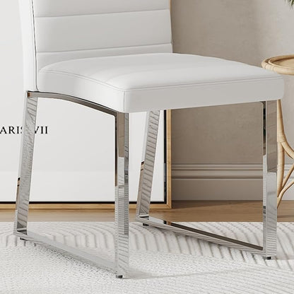 Modern Dining Chairs Set of 4, White Faux Leather Kitchen Chairs, Upholstered Armless Dining Room Chair with Gold Mental Legs Heavy Duty, Comfortable (White Chairs, Set of 2)