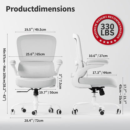 TRALT Ergonomic Office Chair - Desk Chair with Adjustable Lumbar Support Computer Chair - Mesh Comfy Chair with Flip-up Armrests - Gaming Chairs for Adults Home Office (Leather, White)