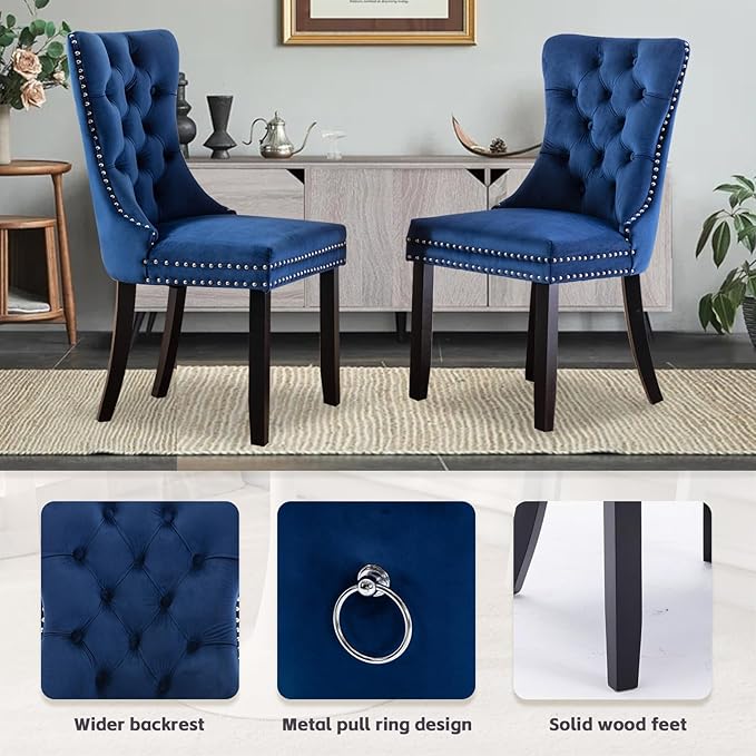SoarFlash Kitchen Table and Chairs for 2, 31.5" Dining Table Set for 2 with Velvet Upholstered Chairs, 3 Piece Round Kitchen Table Set, Dining Room Table Set for Small Space, Apartment, Blue/Black
