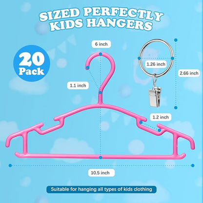 Baby Hangers with Metal Ring Clips, Children Plastic Hanger for Kids Pants Clothes Closet, 20 Pack, Rose red