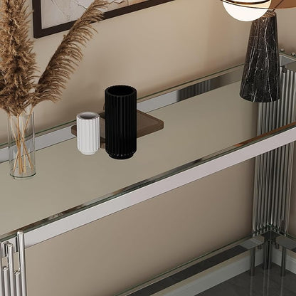 Goujxcy Modern Glass Console Table 55" Silver Entryway Table with Tempered Glass Top and Mirror Stainless Steel Legs,Luxury Rectangular Sofa Table for Living Room Hallway Corridor Table (Silver)