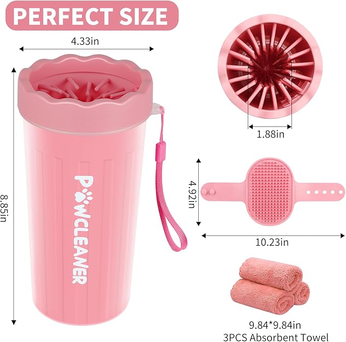 Professional 7 in 1 Dog Paw Cleaner for Dogs - Includes 1 Portable Paw Washer, 1 Bath Brush, 2 Dog Toothbrushes and 3 Absorbent Towels Note: Fits Paws 2.5 to 3.5 Inches Wide (Large, Light Pink)