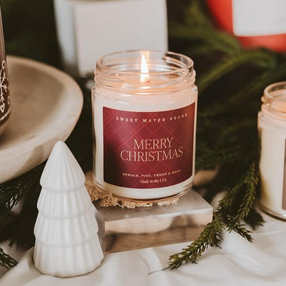 Sweet Water Decor Merry Christmas Scented Candles - Christmas Stocking Stuffers Soy Candles with Cypress & Lemon Scent - Christmas Candles with 40 Hours Burn Time - 9Oz Gold Lid Clear Jar Wax Candles