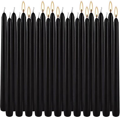 24 Pack Black Taper Candles, 7-8 Hours Burn Time, Unscented, Smokeless and Dripless, 0.75 x 10 Inch Dinner Candle Set for Halloween, Household, Wedding, Party and Home Décor Candlesticks