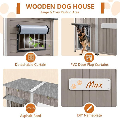 55"L Dog House Outdoor Large Breed Extra XL Wooden Dog House with Weatherproof Asphalt Roof, All-Around Iron Frame, Removable Floor, Openable Top Roof, Air Vents Window for Medium to Large Dogs