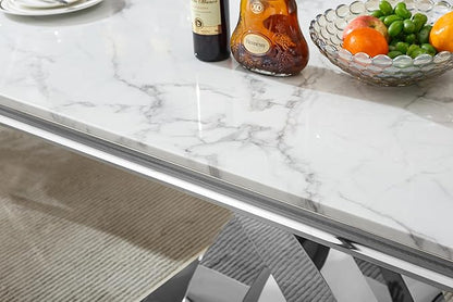 Goujxcy 5-Piece Dining Table Set Modern Faux Marble Dining Table Set for 4, Luxury 68" Long Faux Marble Kitchen Table with 4 Velvet Upholstered Chairs, Mirrored Stainless Steel Base