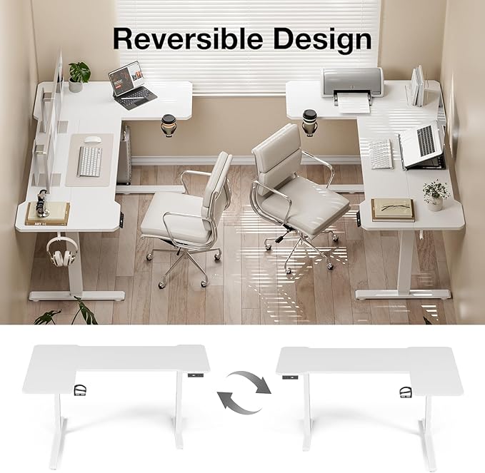 71" Reversible L-Shaped Electric Standing Desk Adjustable Height Gaming Stand Up Corner Desk Sit Stand Home Office Computer Desk with Splice Board, White