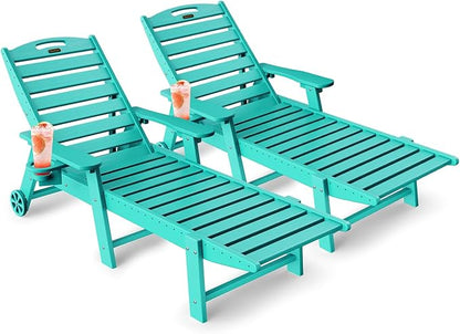 Lounge Chair Outdoor Set of 2, HDPE Chaise Chair Outdoor with 6-Position & Wheels &Cup Holder, Pool Lounge Chair for Pool Poolside Deck Backyard Patio, Lake Blue