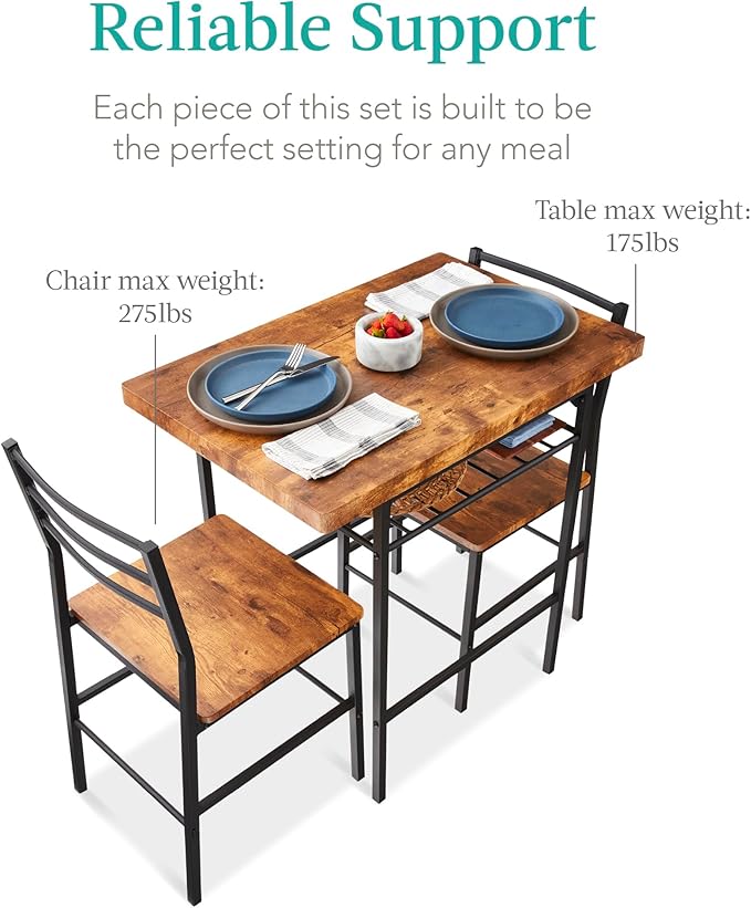 Best Choice Products 3-Piece Modern Dining Set, Space Saving Dinette for Kitchen, Dining Room, Small Space w/Steel Frame, Built-in Storage Rack - Medium Brown/Black