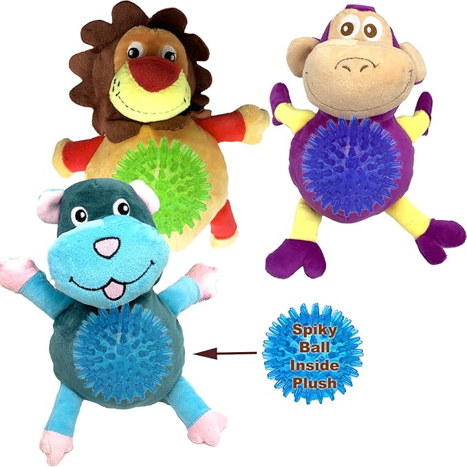 Jalousie Dog Squeaky Toys Value Set Non-Toxic Squeaky Balls Toss Fetch TPR Rubber Puppy Toys Spikey Dog Chew Toy for Small Medium Breed Pet Toys for Puppy (3 Pack 2-in-1 Plush)